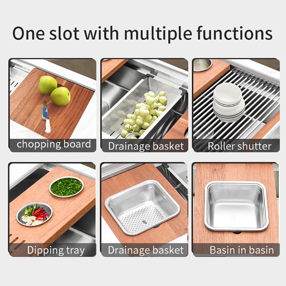 HMR - 43'' Stainless Steel 7 Pcs Kitchen Sink Rectangular Drop-in Single Bowl in Brushed