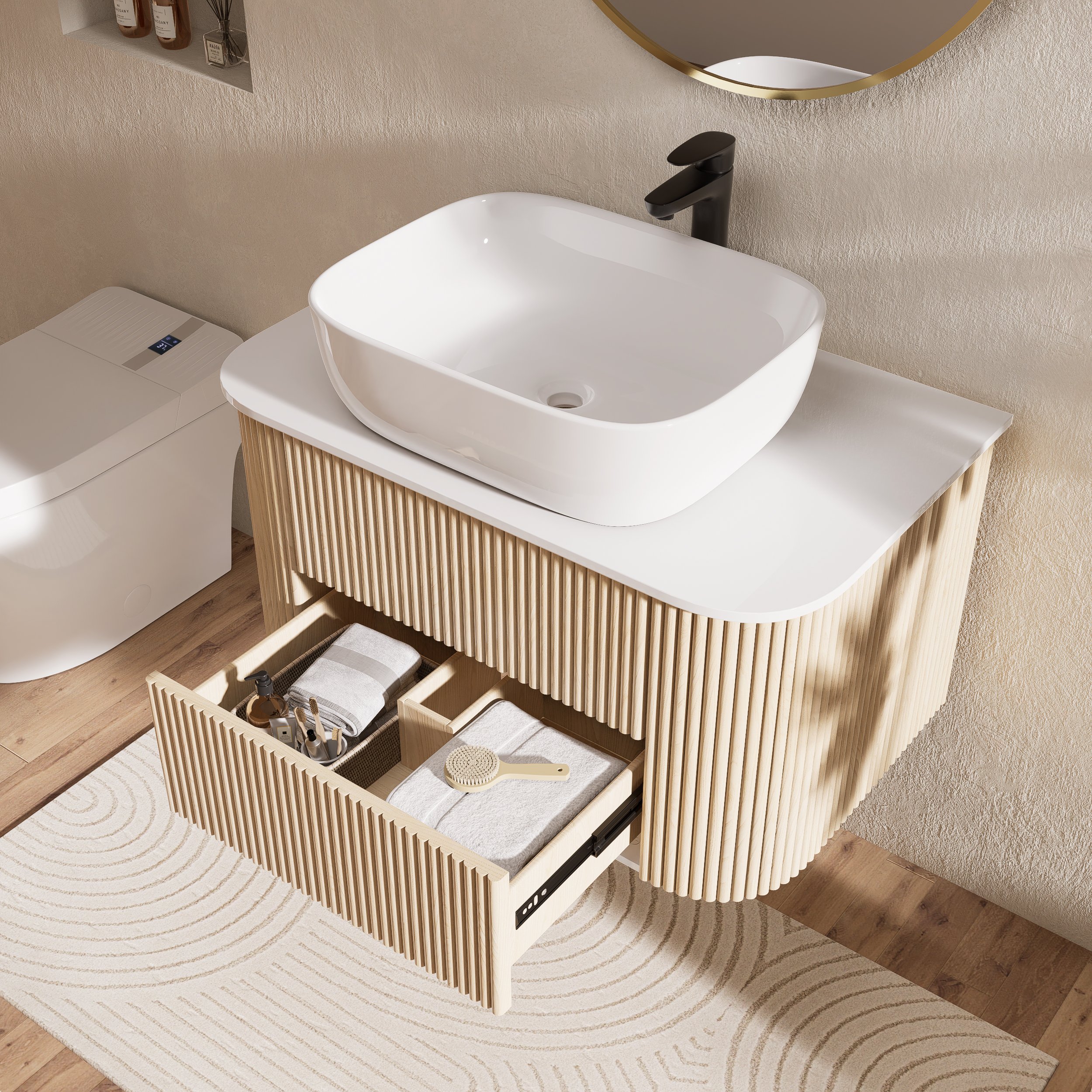 HMR - Bathroom Vanity Set 31.5" Farmhouse Floating Sintered Stone Bathroom Vanity with Sink