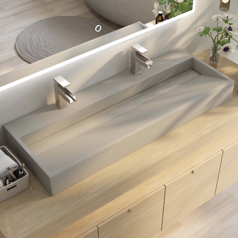 HMR - 48" Concrete Farmhouse Trough Bathroom Sink Cement Rectangular Gray Vessel Sink