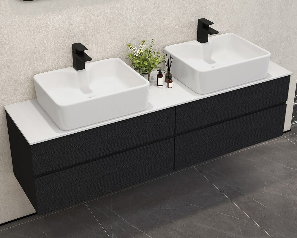 HMR Modern Floating Bathroom Vanity Set with Faux Marble Top & Double Ceramic with Vessel Sink - Black, 60"