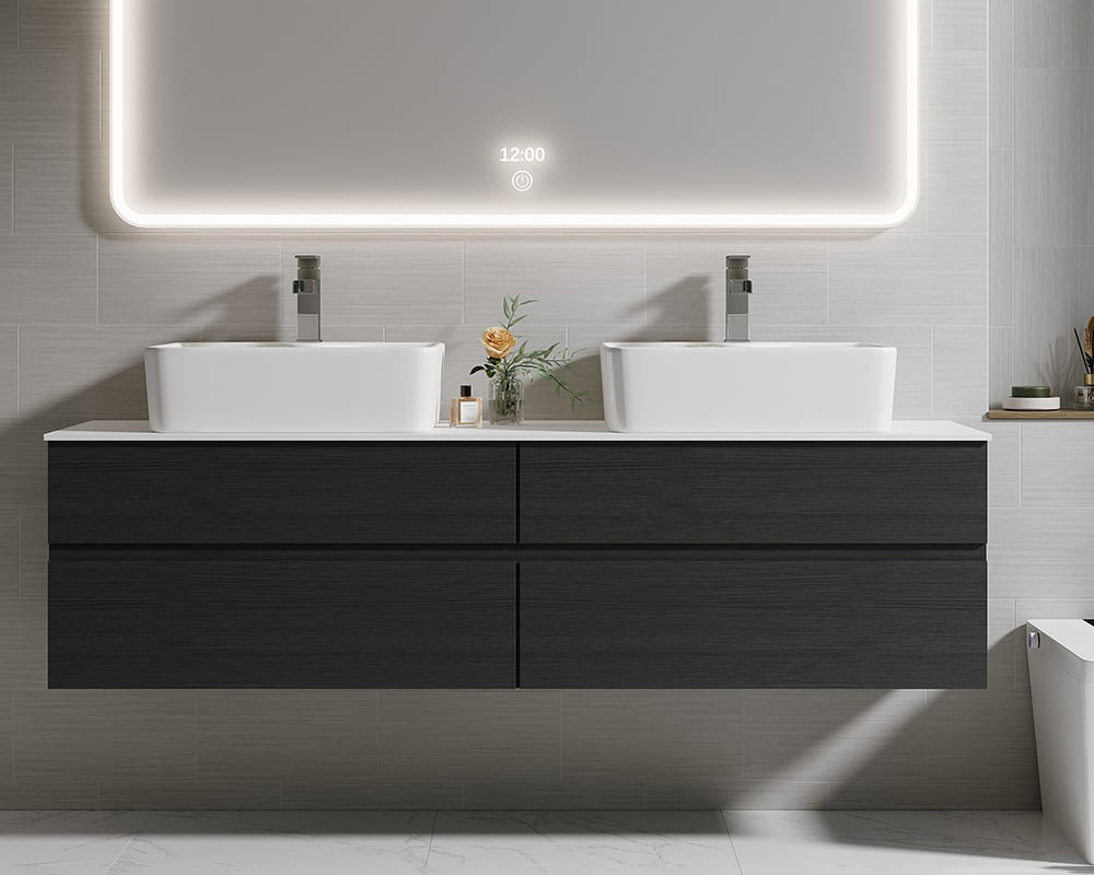 HMR Modern Floating Bathroom Vanity Set with Faux Marble Top & Double Ceramic with Vessel Sink - Black, 60"