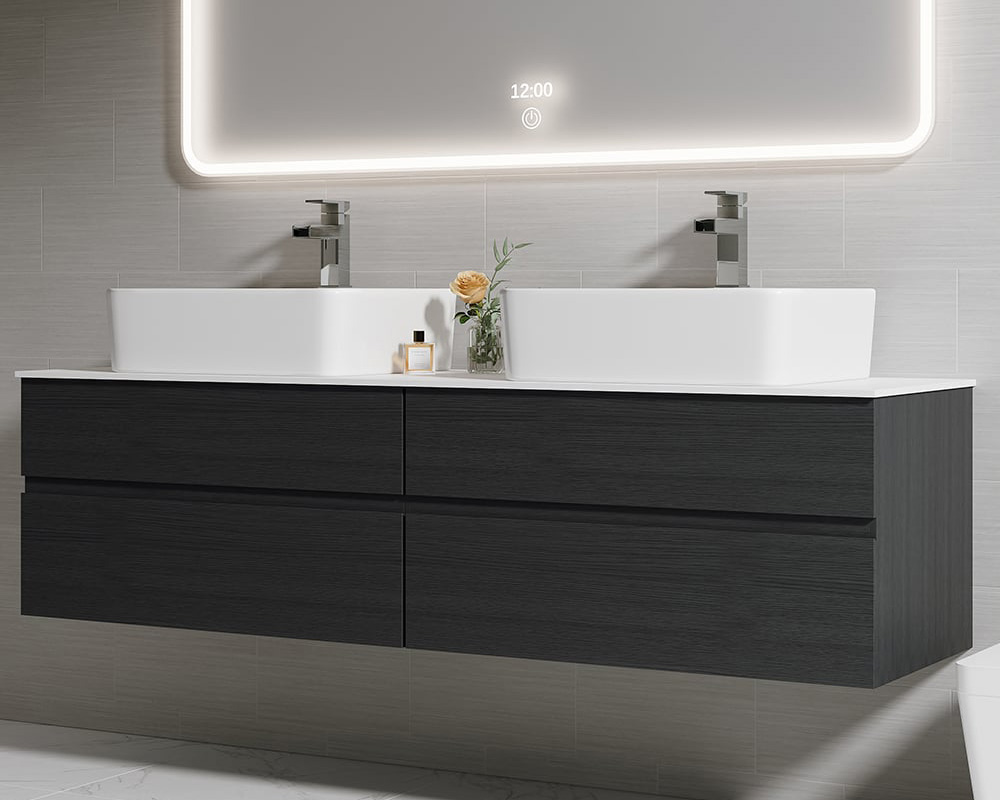 HMR Modern Floating Bathroom Vanity Set with Faux Marble Top & Double Ceramic with Vessel Sink - Black, 60"
