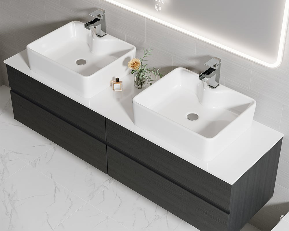 HMR Modern Floating Bathroom Vanity Set with Faux Marble Top & Double Ceramic with Vessel Sink - Black, 60"