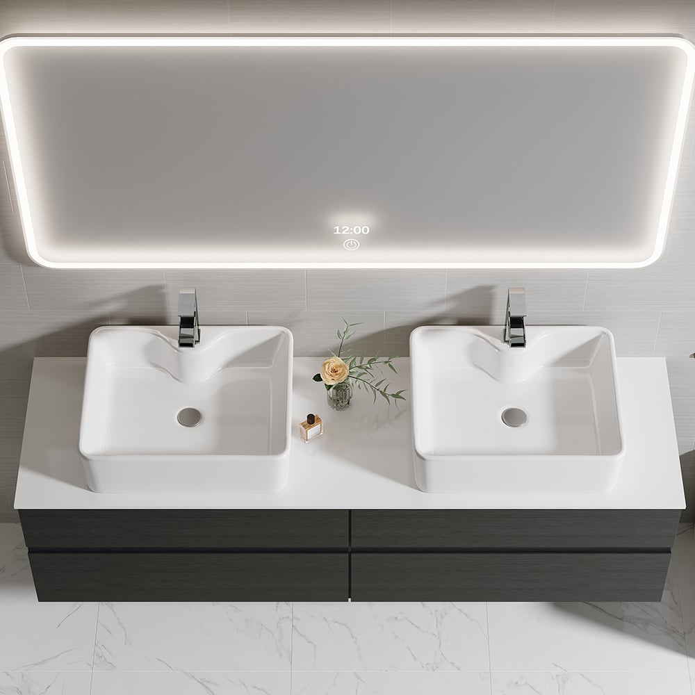 HMR Modern Floating Bathroom Vanity Set with Faux Marble Top & Double Ceramic with Vessel Sink - Black, 60"