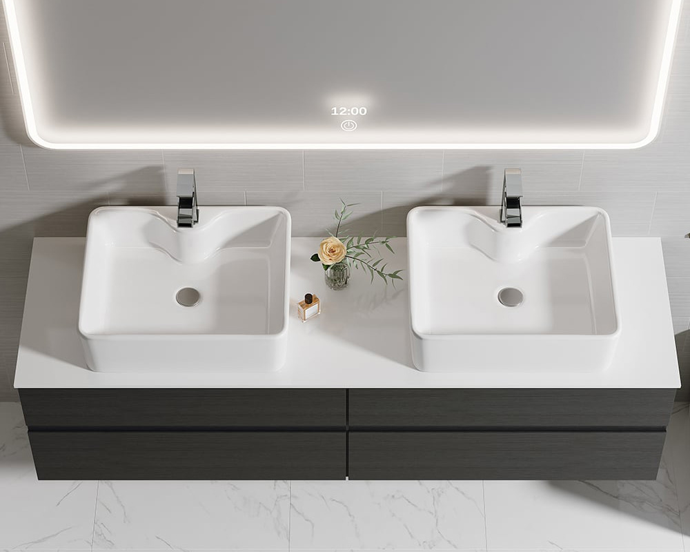 HMR Modern Floating Bathroom Vanity Set with Faux Marble Top & Double Ceramic with Vessel Sink - Black, 60"