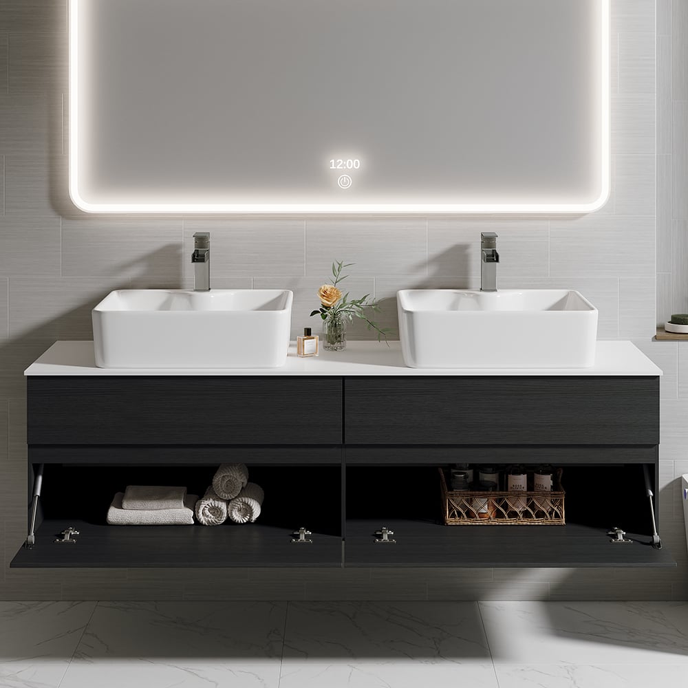 HMR Modern Floating Bathroom Vanity Set with Faux Marble Top & Double Ceramic with Vessel Sink - Black, 60"