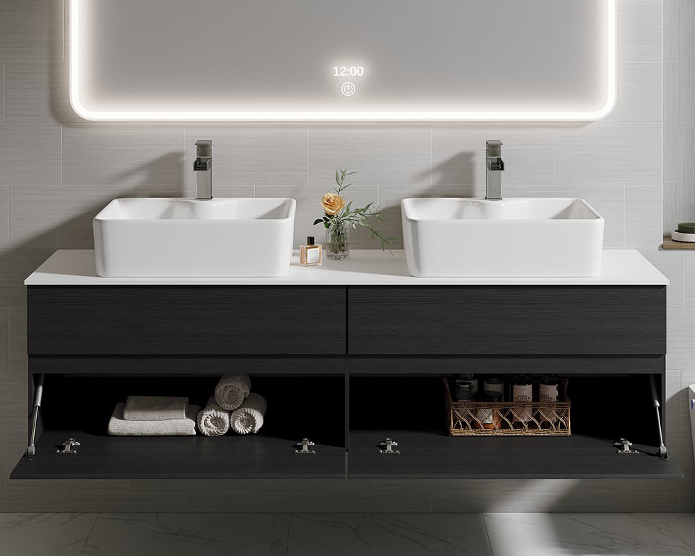 HMR Modern Floating Bathroom Vanity Set with Faux Marble Top & Double Ceramic with Vessel Sink - Black, 60"