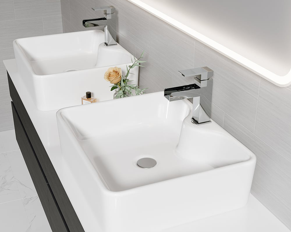 HMR Modern Floating Bathroom Vanity Set with Faux Marble Top & Double Ceramic with Vessel Sink - Black, 60"