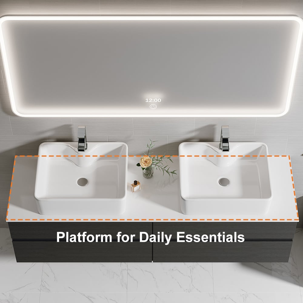 HMR Modern Floating Bathroom Vanity Set with Faux Marble Top & Double Ceramic with Vessel Sink - Black, 60"
