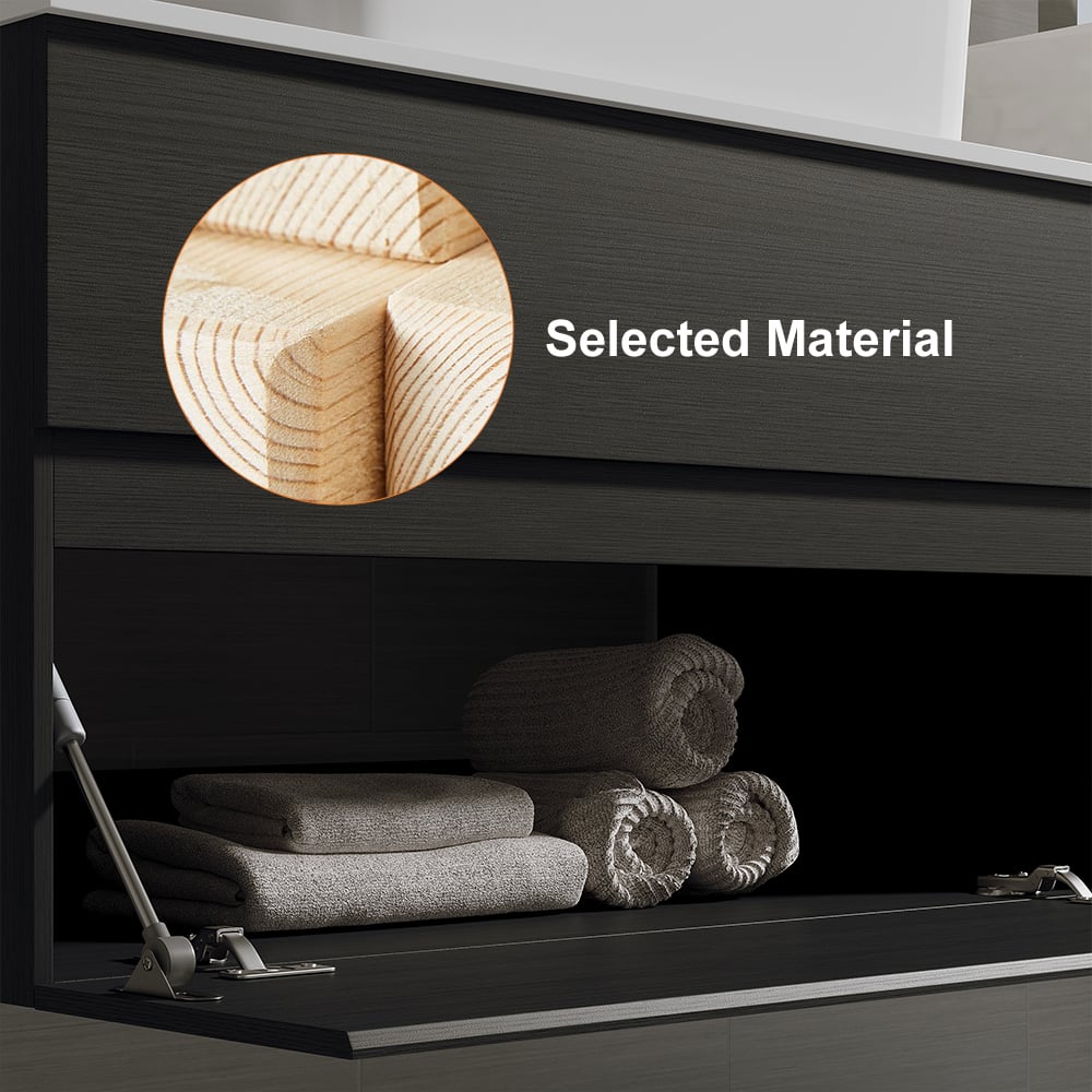 HMR Modern Floating Bathroom Vanity Set with Faux Marble Top & Double Ceramic with Vessel Sink - Black, 60"