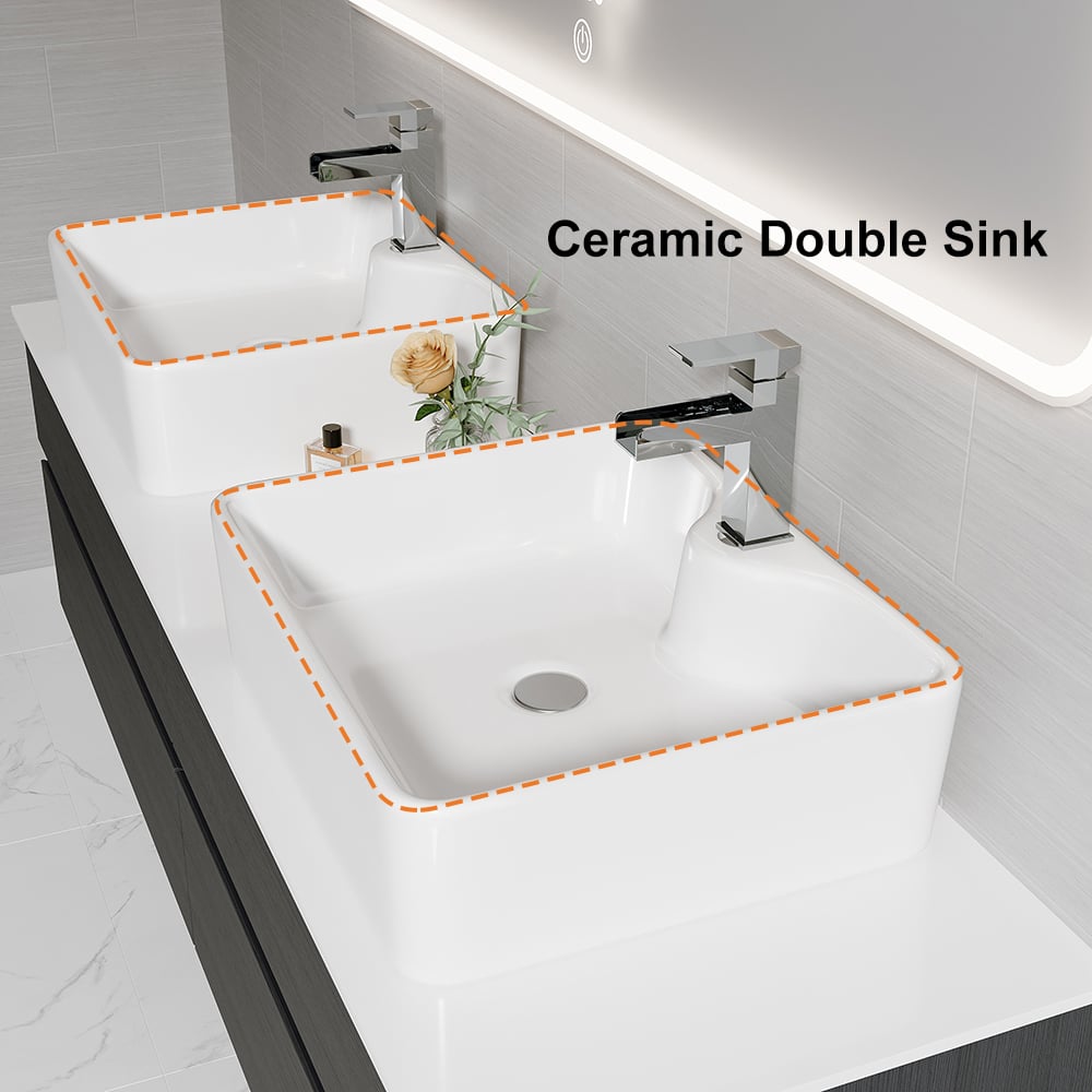 HMR Modern Floating Bathroom Vanity Set with Faux Marble Top & Double Ceramic with Vessel Sink - Black, 60"
