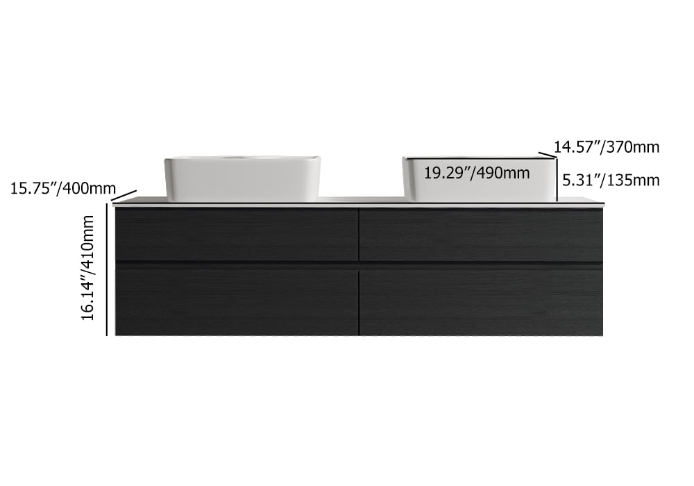 HMR Modern Floating Bathroom Vanity Set with Faux Marble Top & Double Ceramic with Vessel Sink - Black, 60"