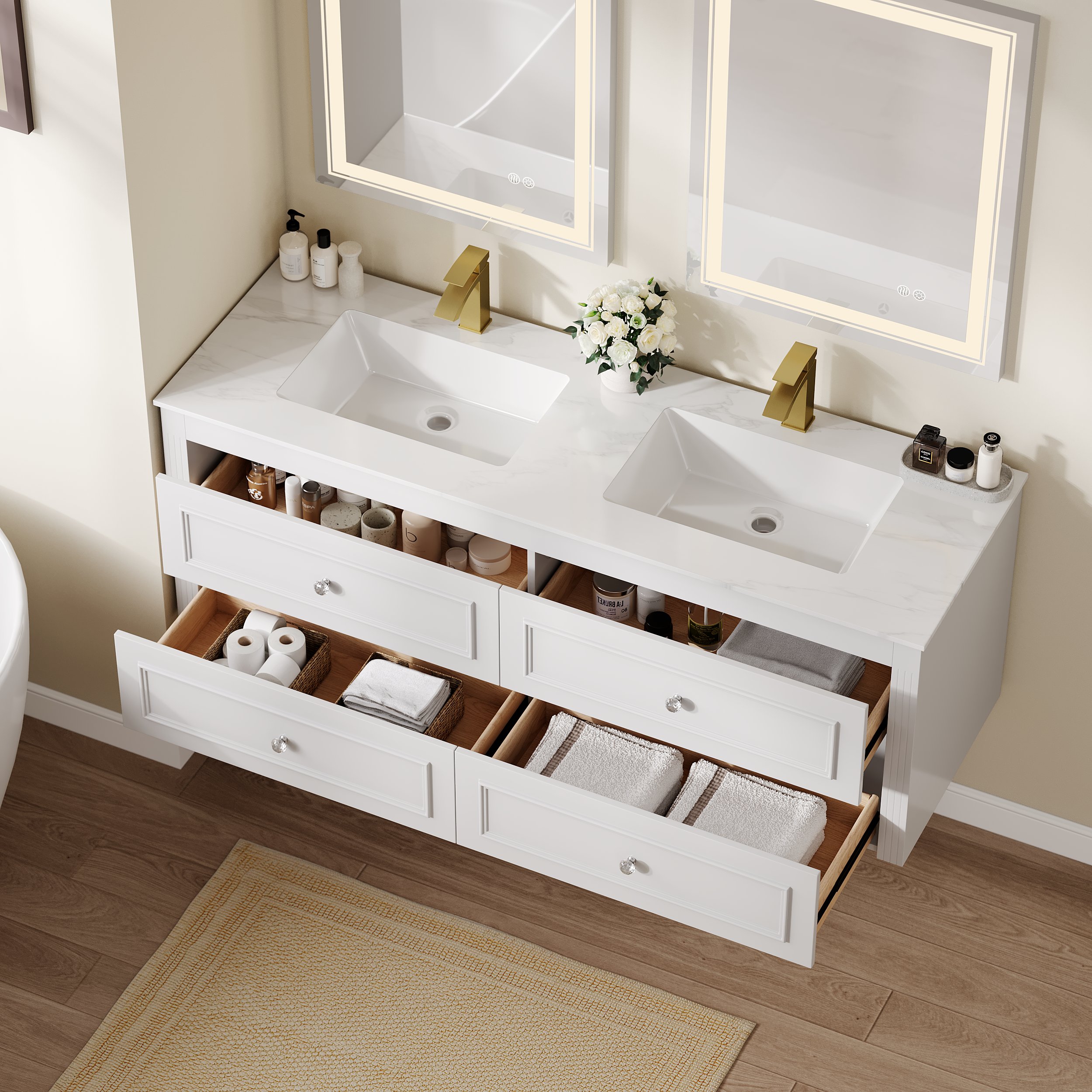 HMR - Bathroom Vanity Set 58.6"Modern Floating Ceramic Bathroom Vanity White with Double Sinks