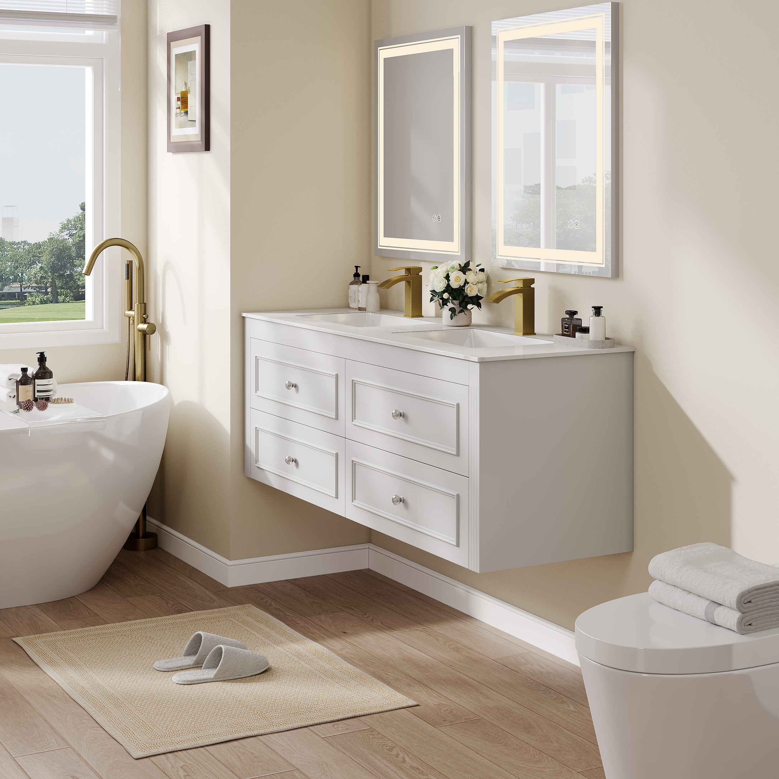 HMR - Bathroom Vanity Set 58.6"Modern Floating Ceramic Bathroom Vanity White with Double Sinks