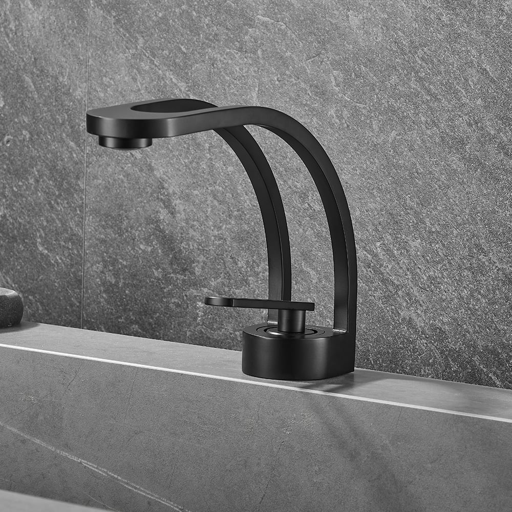 HMR - Modern Single Hole 1-Handle C-Shaped Spout Bathroom Sink Faucet in Black Solid Brass