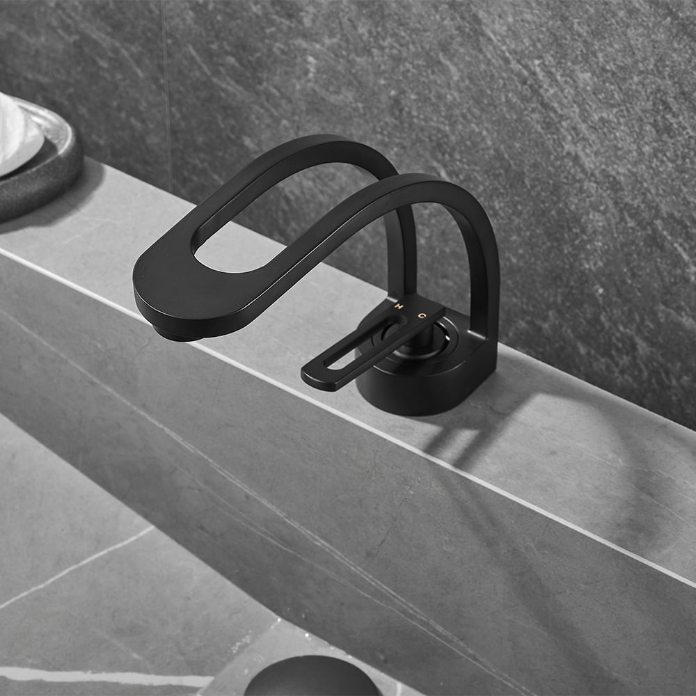 HMR - Modern Single Hole 1-Handle C-Shaped Spout Bathroom Sink Faucet in Black Solid Brass