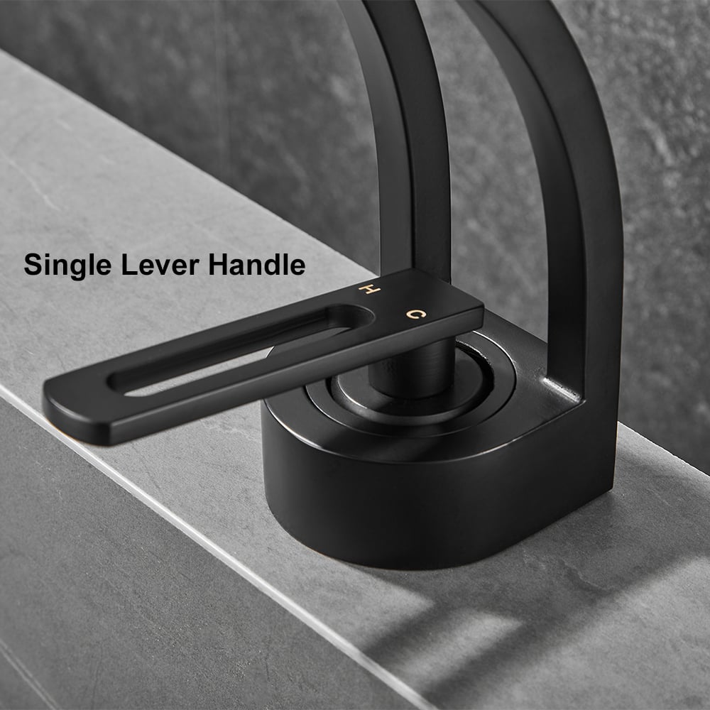 HMR - Modern Single Hole 1-Handle C-Shaped Spout Bathroom Sink Faucet in Black Solid Brass