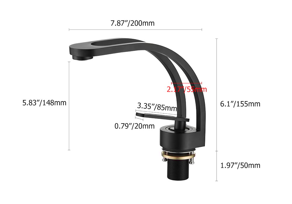 HMR - Modern Single Hole 1-Handle C-Shaped Spout Bathroom Sink Faucet in Black Solid Brass