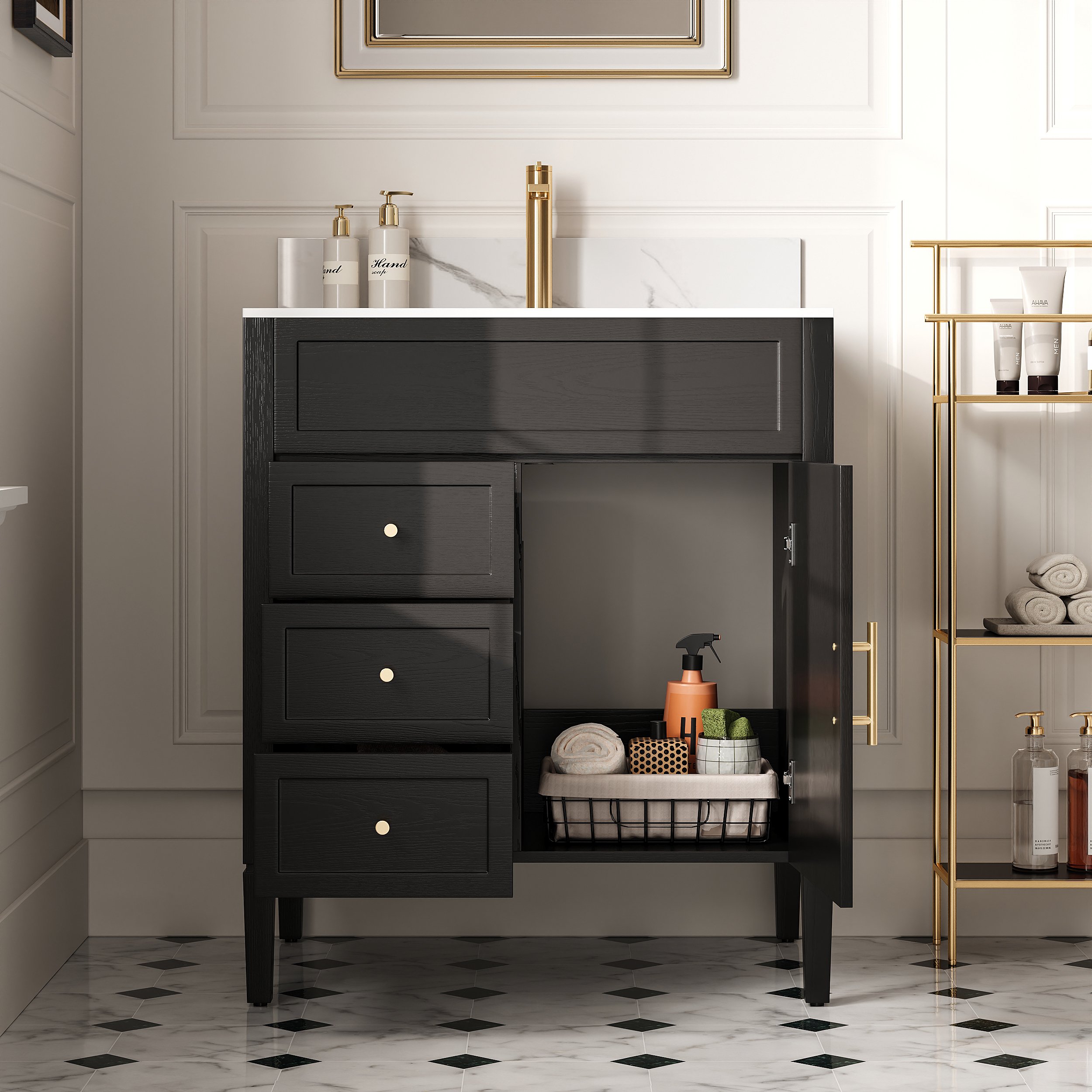 HMR - Bathroom Vanity Set 29.9'' Modern Freestanding Sintered Stone Bathroom Black with Sink
