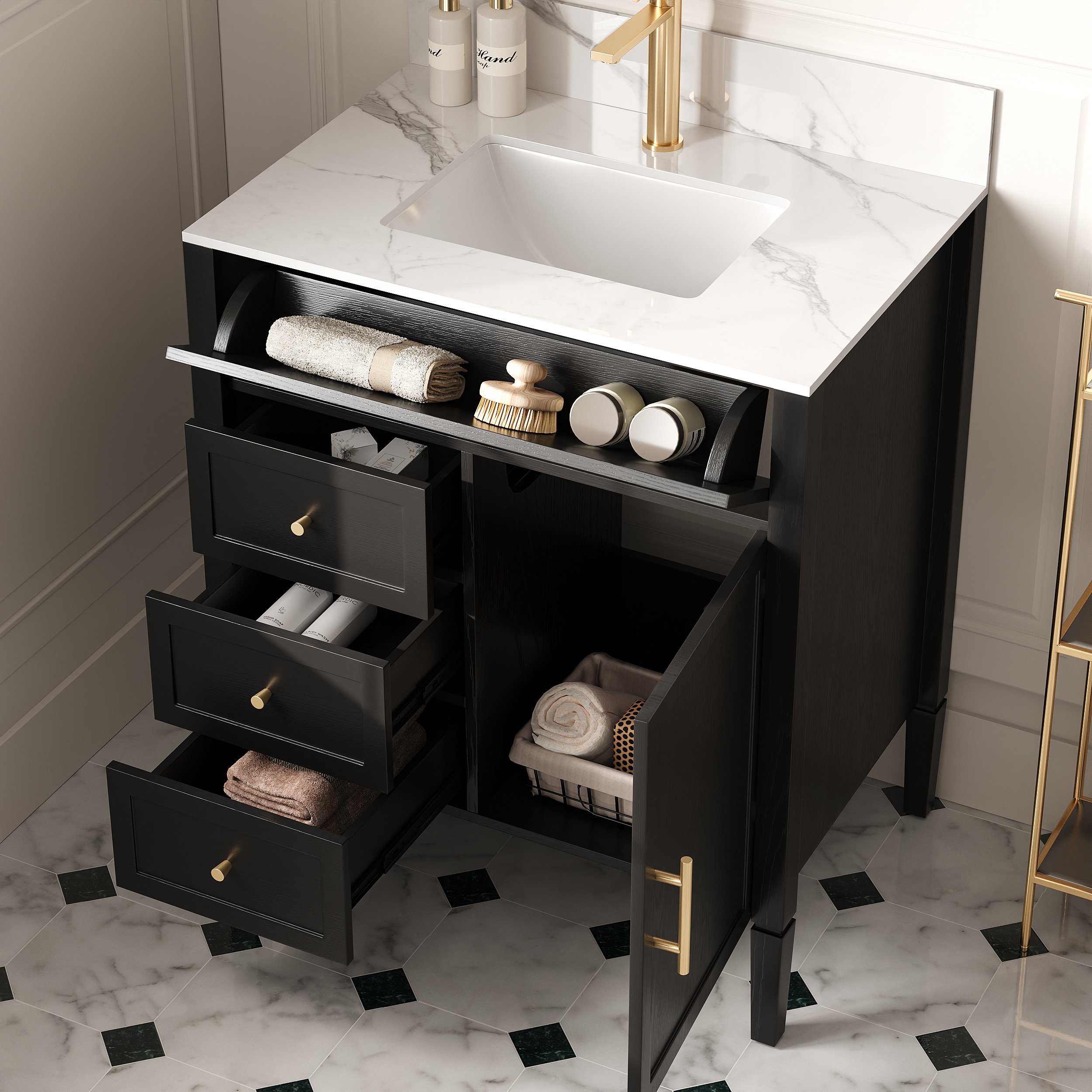 HMR - Bathroom Vanity Set 29.9'' Modern Freestanding Sintered Stone Bathroom Black with Sink