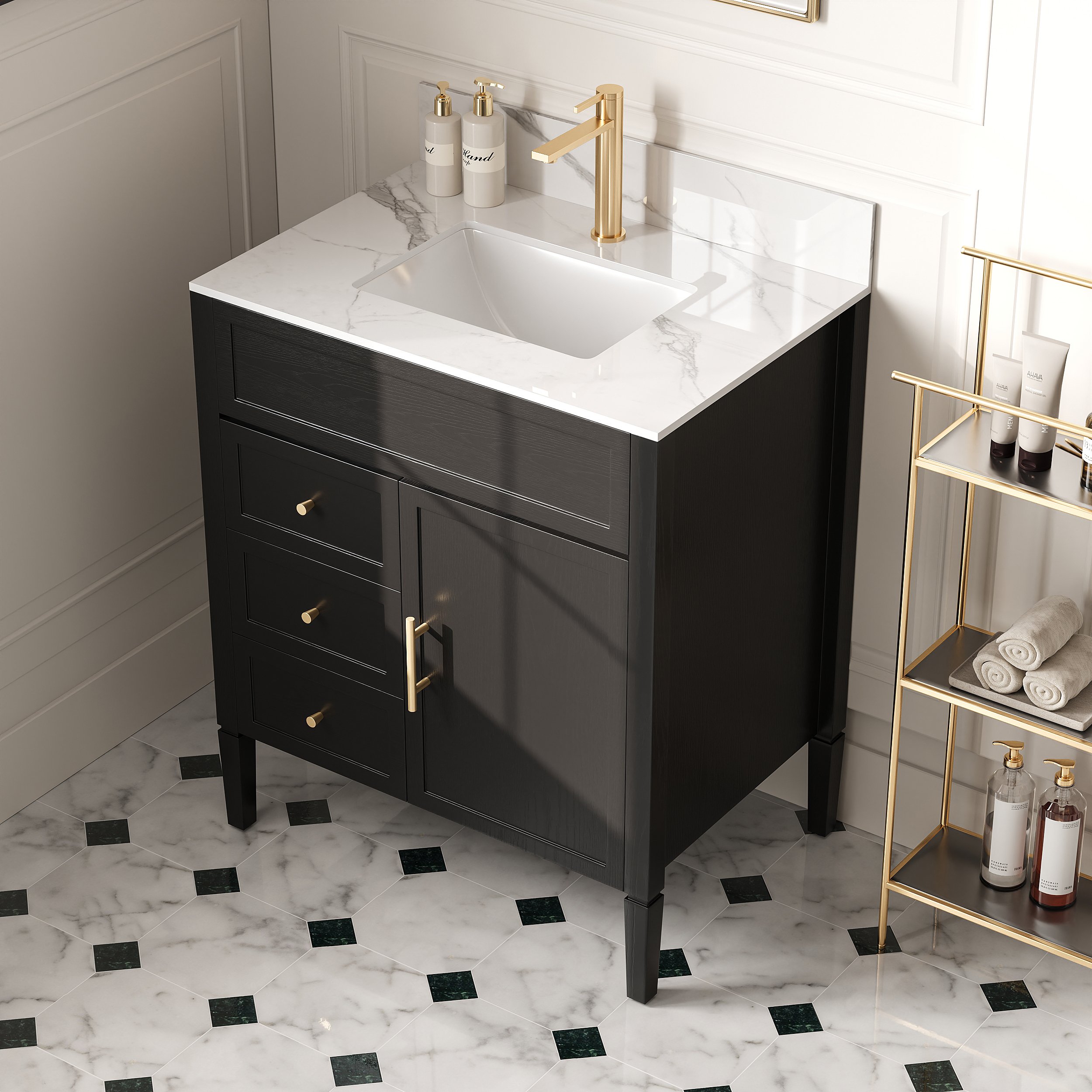 HMR - Bathroom Vanity Set 29.9'' Modern Freestanding Sintered Stone Bathroom Black with Sink