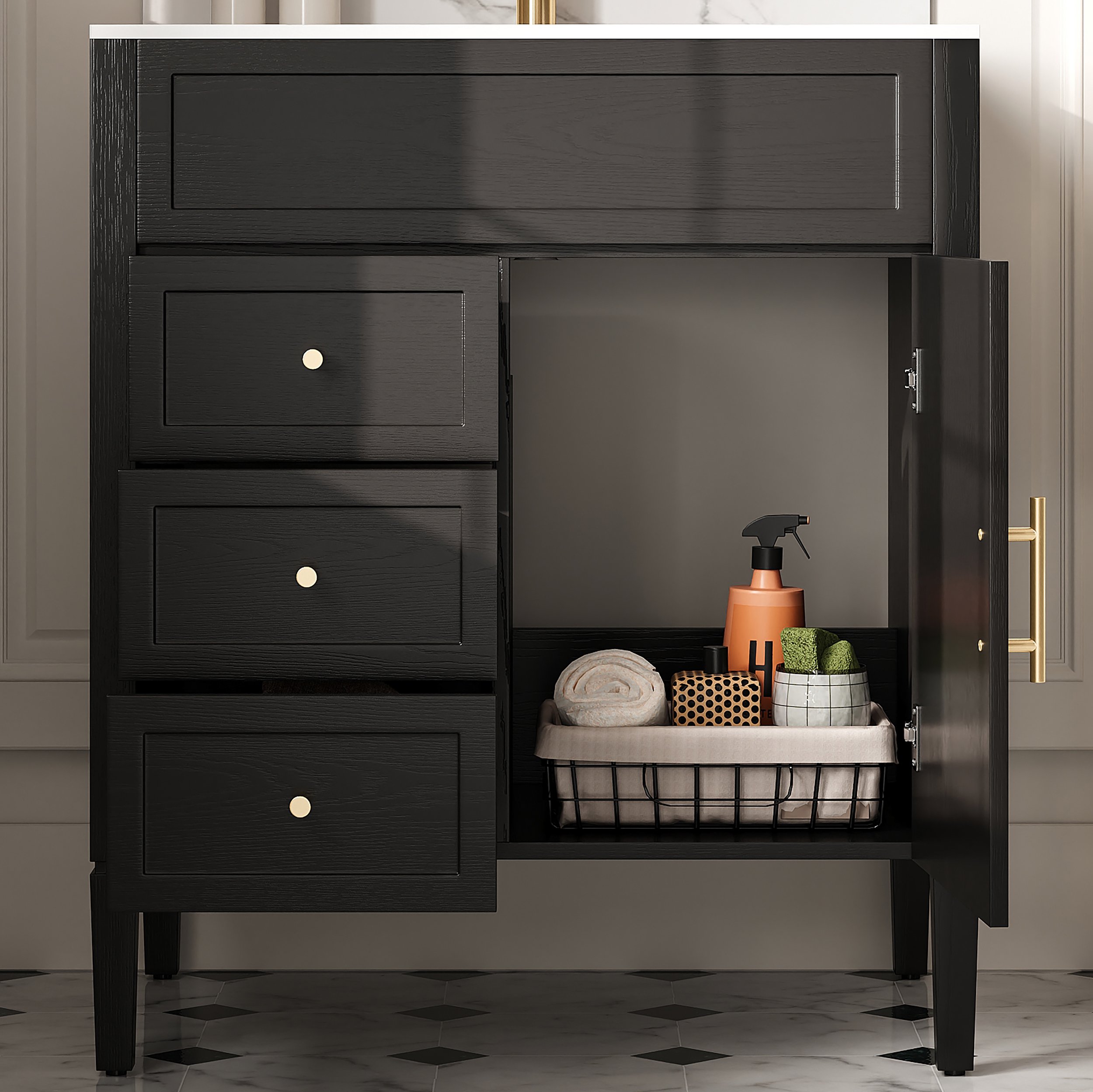 HMR - Bathroom Vanity Set 29.9'' Modern Freestanding Sintered Stone Bathroom Black with Sink