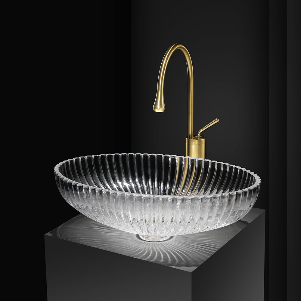 HMR - Modern Oval Clear Vessel Sink Transparent Crystal Glass Bathroom Wash Sink with Drain