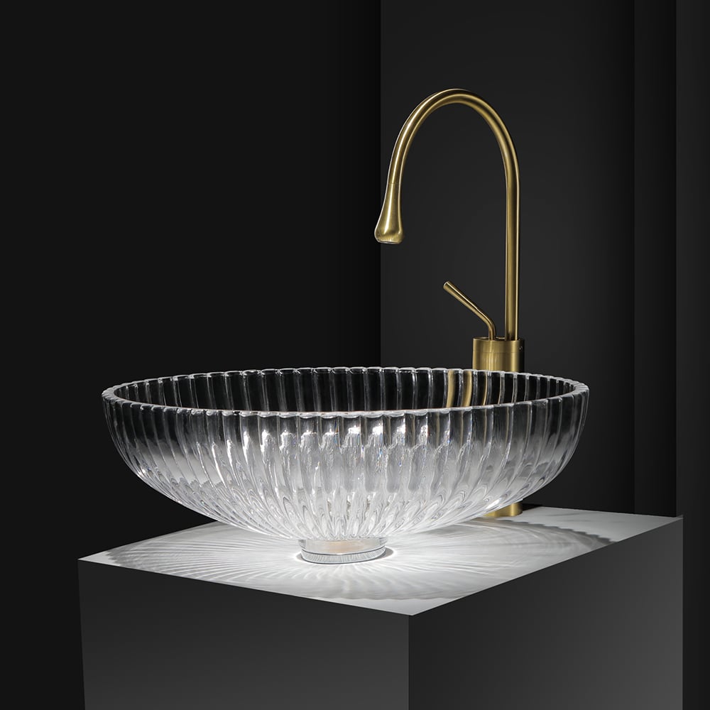 HMR - Modern Oval Clear Vessel Sink Transparent Crystal Glass Bathroom Wash Sink with Drain