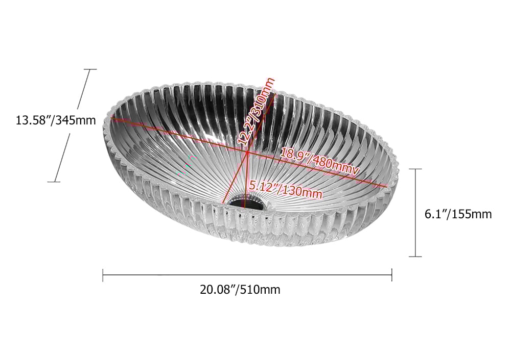 HMR - Modern Oval Clear Vessel Sink Transparent Crystal Glass Bathroom Wash Sink with Drain