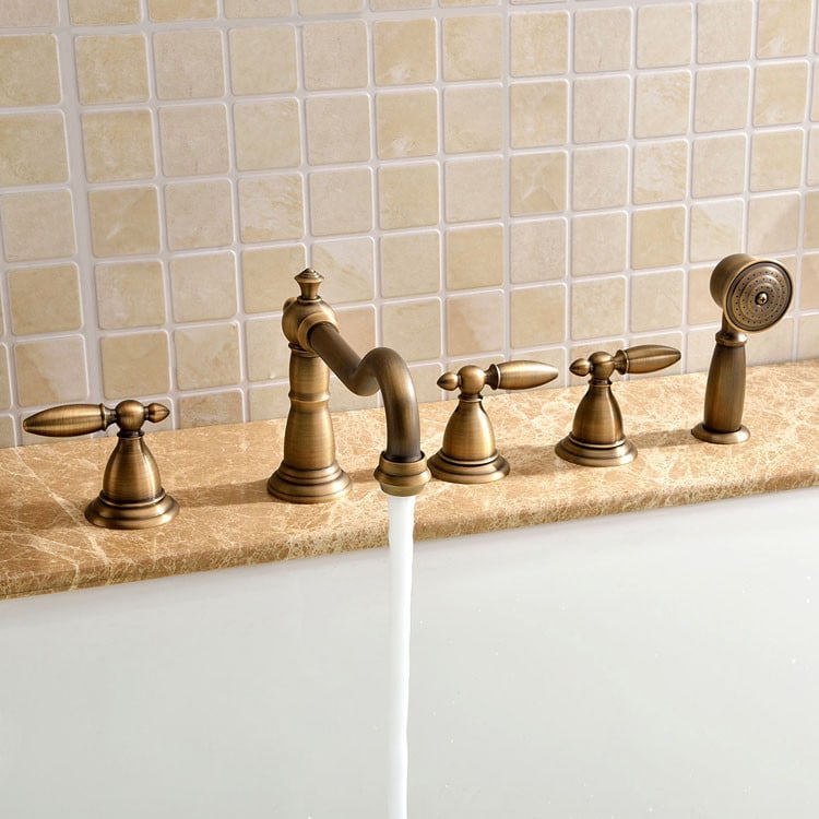 HMR - Deck Mounted Roman Bathtub Faucet with Handshower Solid Brass in Antique Brass