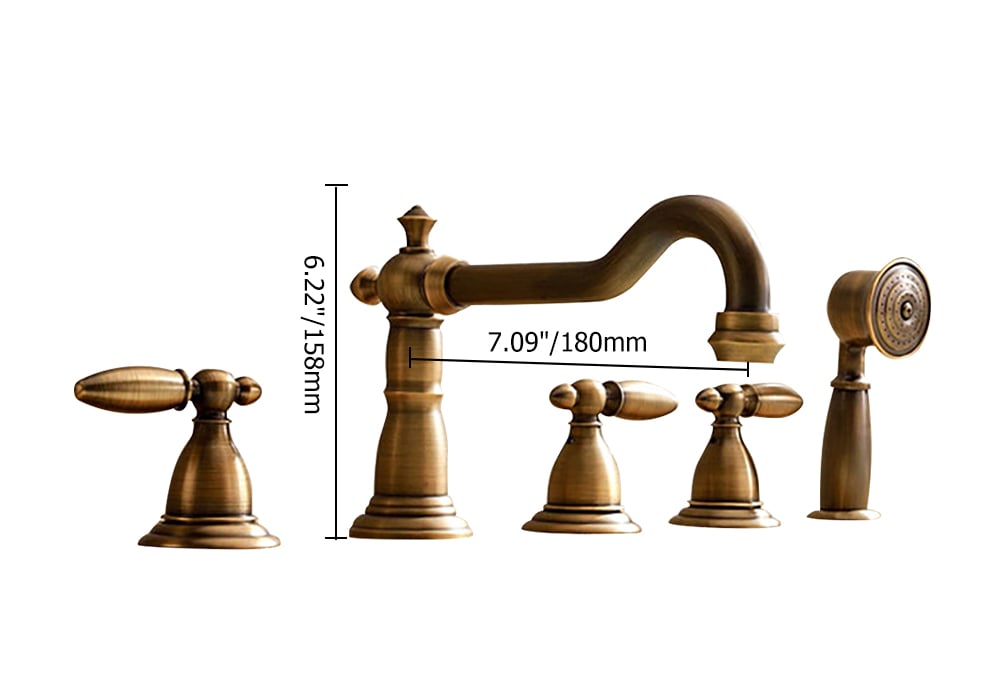 HMR - Deck Mounted Roman Bathtub Faucet with Handshower Solid Brass in Antique Brass