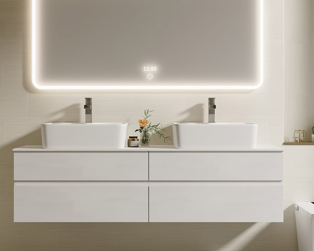 HMR Modern Floating Bathroom Vanity Set with Faux Marble Top & Double Ceramic with Vessel Sink - White, 60"