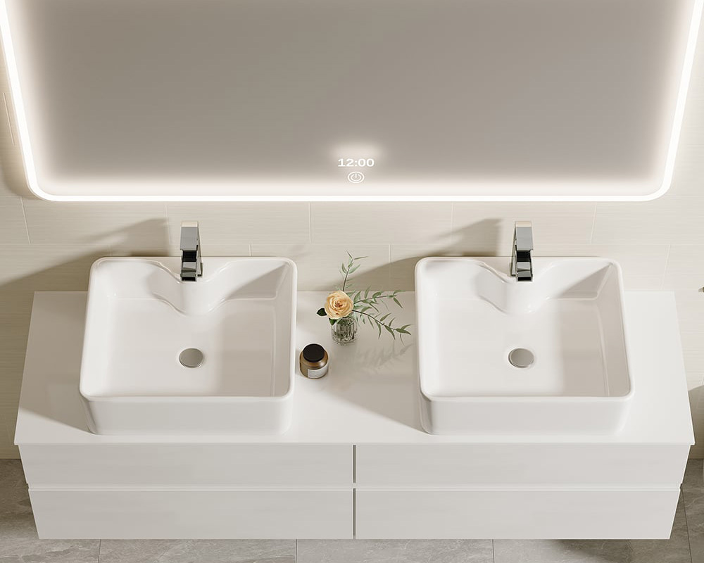 HMR Modern Floating Bathroom Vanity Set with Faux Marble Top & Double Ceramic with Vessel Sink - White, 60"