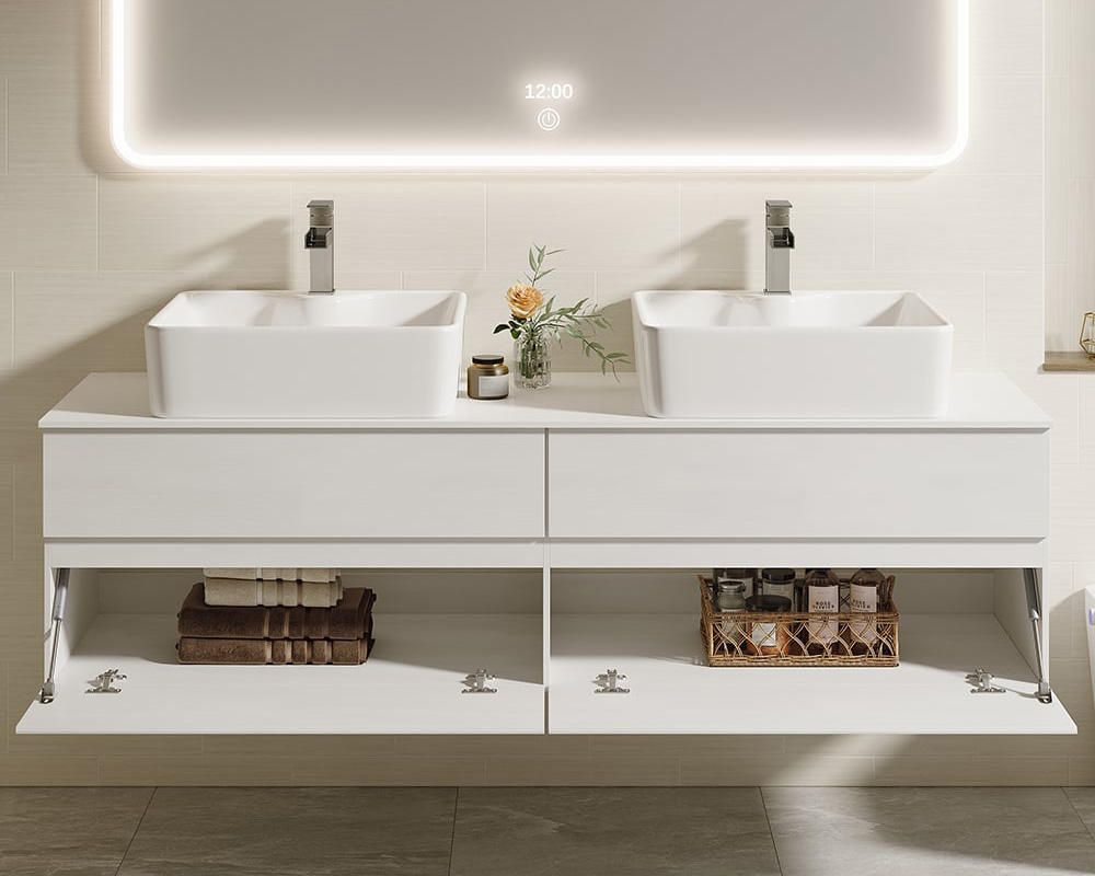 HMR Modern Floating Bathroom Vanity Set with Faux Marble Top & Double Ceramic with Vessel Sink - White, 60"