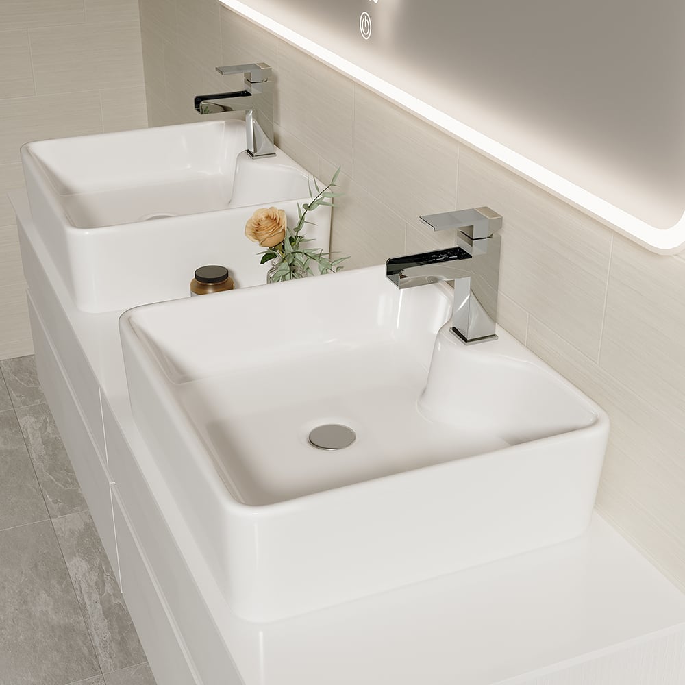 HMR Modern Floating Bathroom Vanity Set with Faux Marble Top & Double Ceramic with Vessel Sink - White, 60"