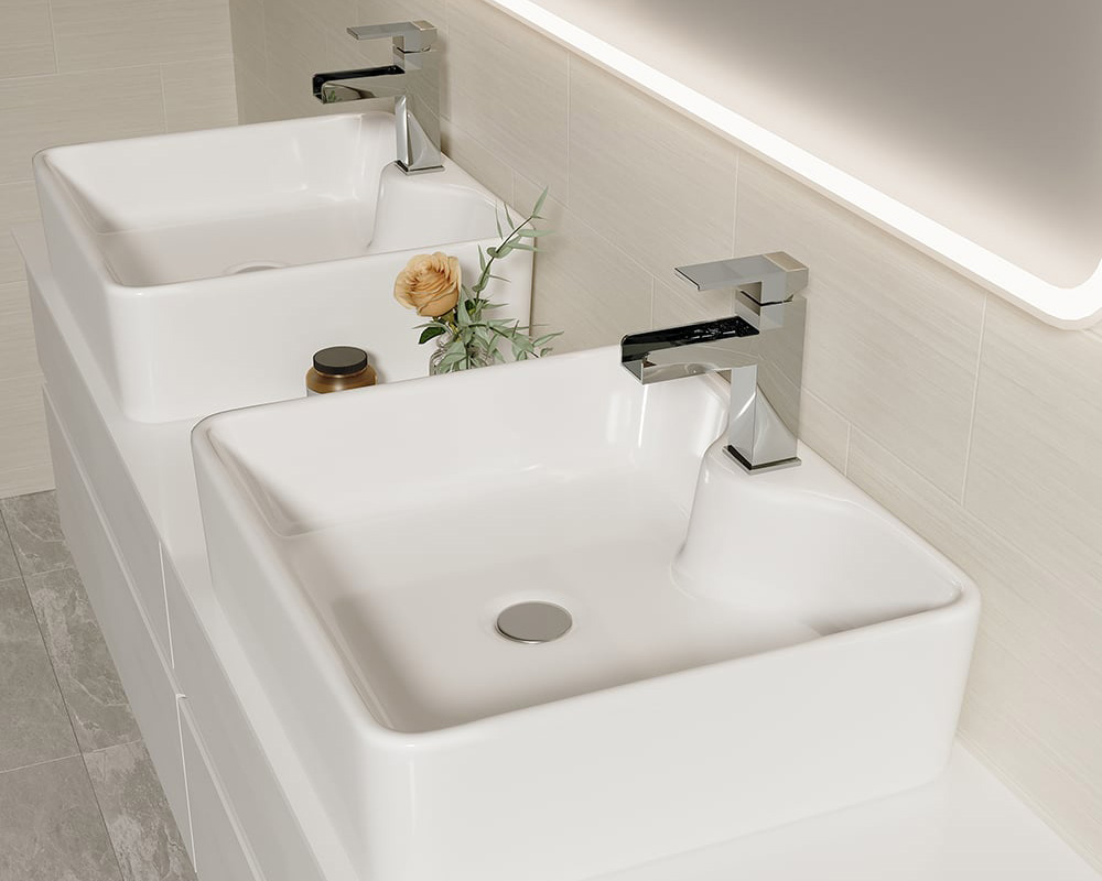 HMR Modern Floating Bathroom Vanity Set with Faux Marble Top & Double Ceramic with Vessel Sink - White, 60"