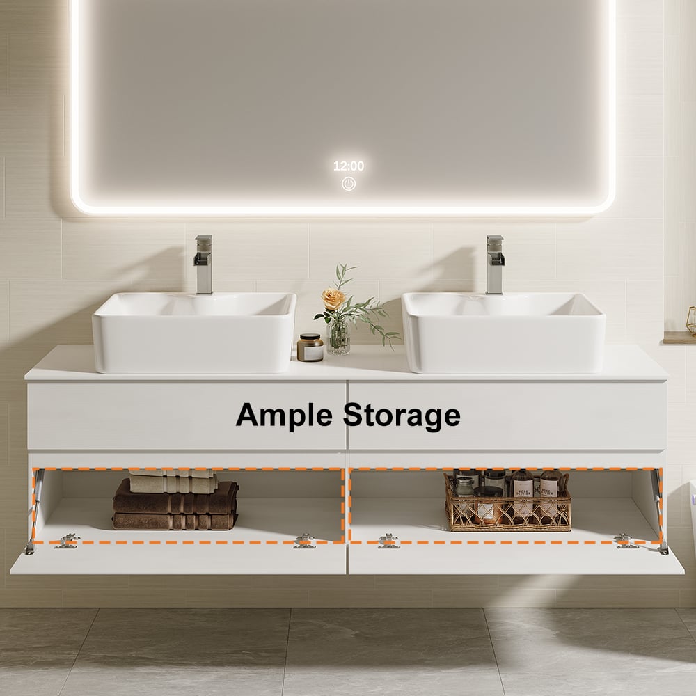 HMR Modern Floating Bathroom Vanity Set with Faux Marble Top & Double Ceramic with Vessel Sink - White, 60"