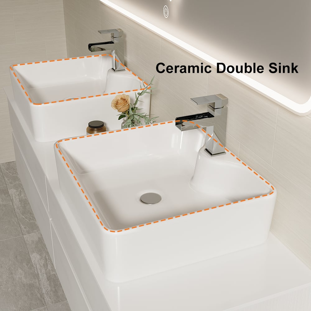 HMR Modern Floating Bathroom Vanity Set with Faux Marble Top & Double Ceramic with Vessel Sink - White, 60"