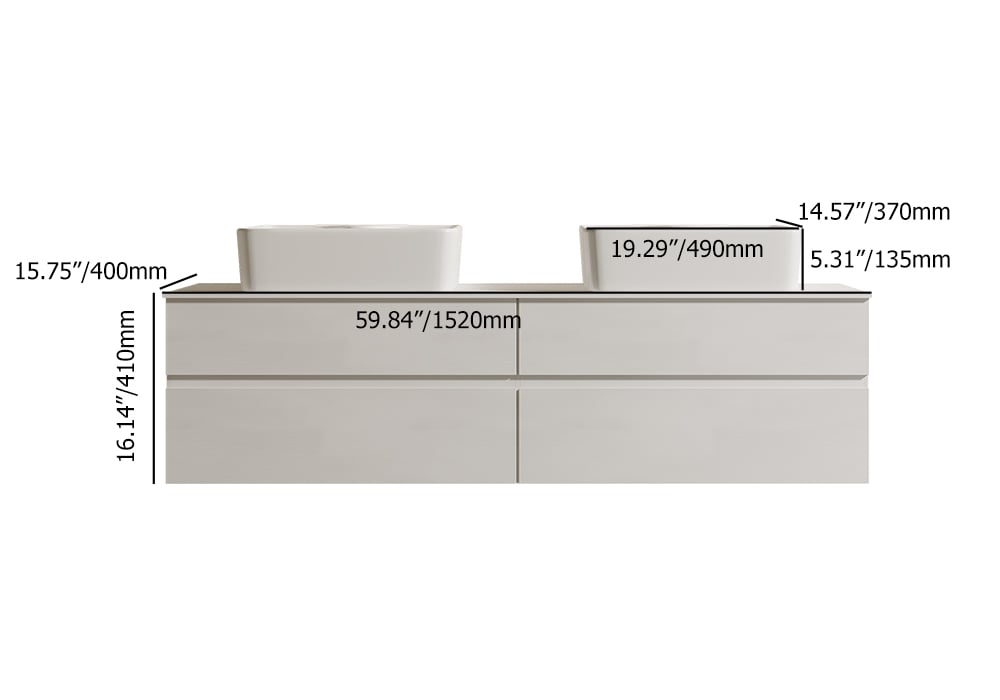 HMR Modern Floating Bathroom Vanity Set with Faux Marble Top & Double Ceramic with Vessel Sink - White, 60"