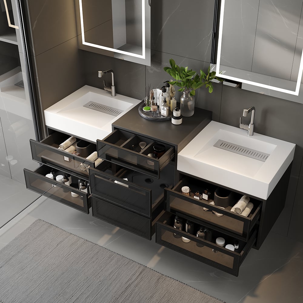 HMR - 67" Floating Double Bathroom Vanity and Center Tower Black with Faux Marble Top