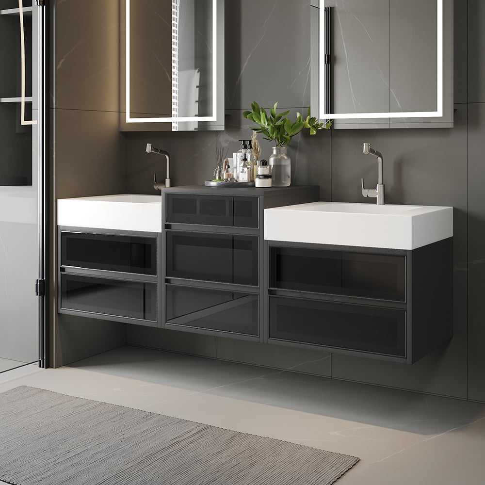 HMR - 67" Floating Double Bathroom Vanity and Center Tower Black with Faux Marble Top