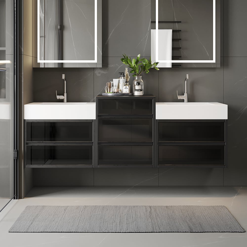 HMR - 67" Floating Double Bathroom Vanity and Center Tower Black with Faux Marble Top