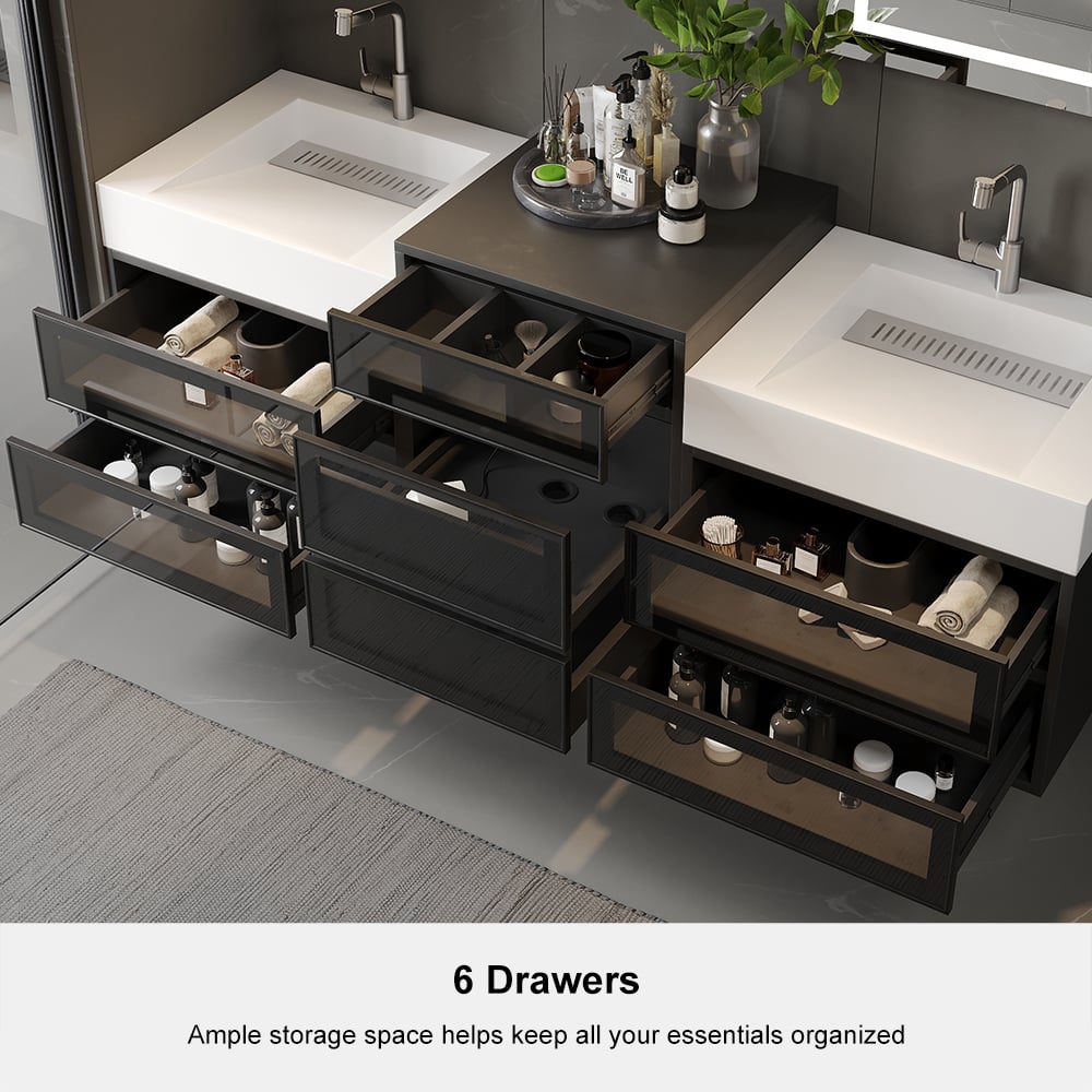 HMR - 67" Floating Double Bathroom Vanity and Center Tower Black with Faux Marble Top