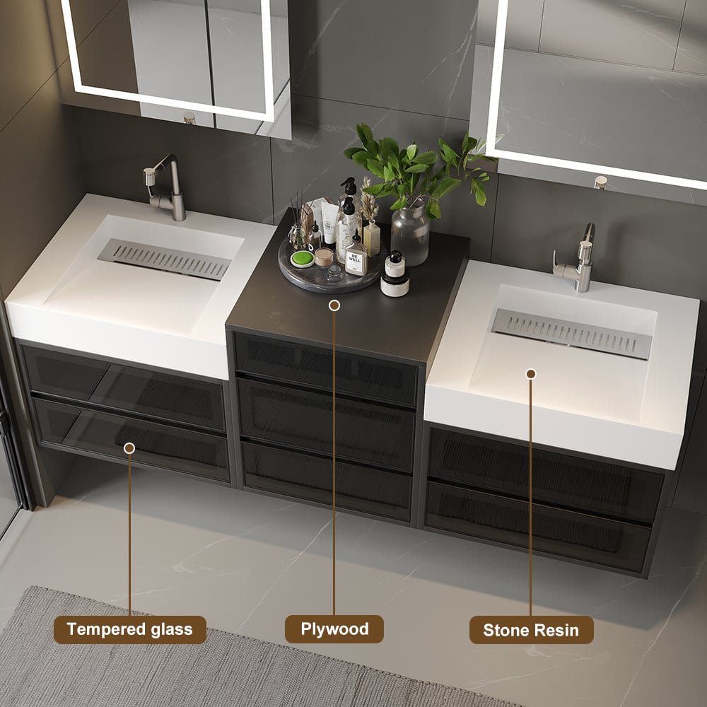 HMR - 67" Floating Double Bathroom Vanity and Center Tower Black with Faux Marble Top