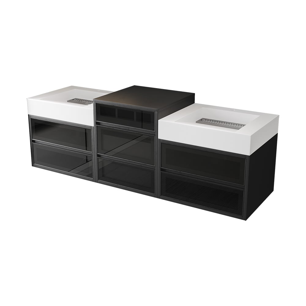 HMR - 67" Floating Double Bathroom Vanity and Center Tower Black with Faux Marble Top