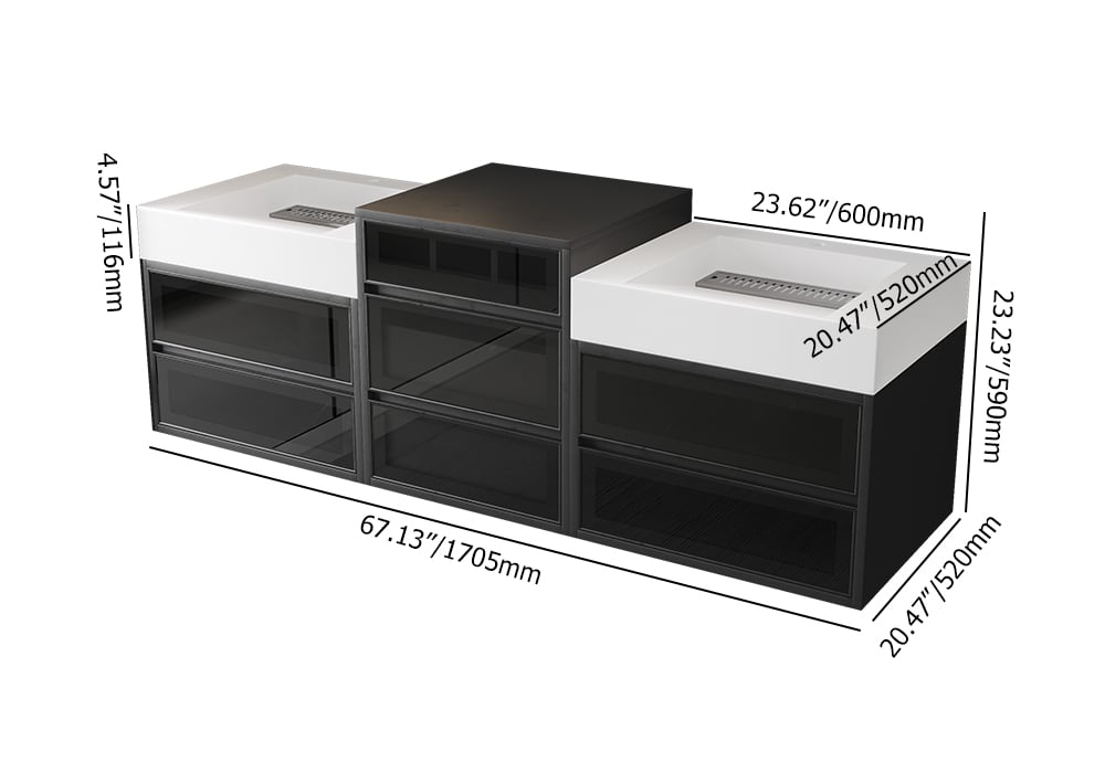 HMR - 67" Floating Double Bathroom Vanity and Center Tower Black with Faux Marble Top