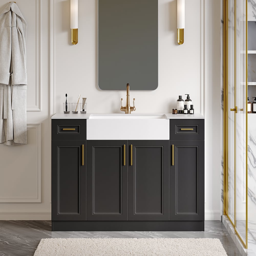 HMR - 48" Black Freestanding Single Farmhouse Sink Bathroom Vanity with Ceramic Top