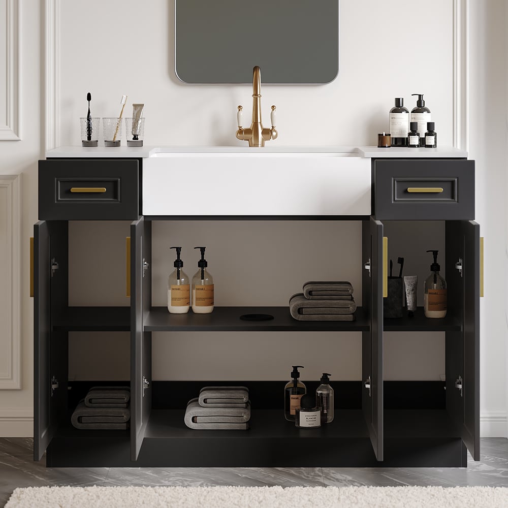 HMR - 48" Black Freestanding Single Farmhouse Sink Bathroom Vanity with Ceramic Top