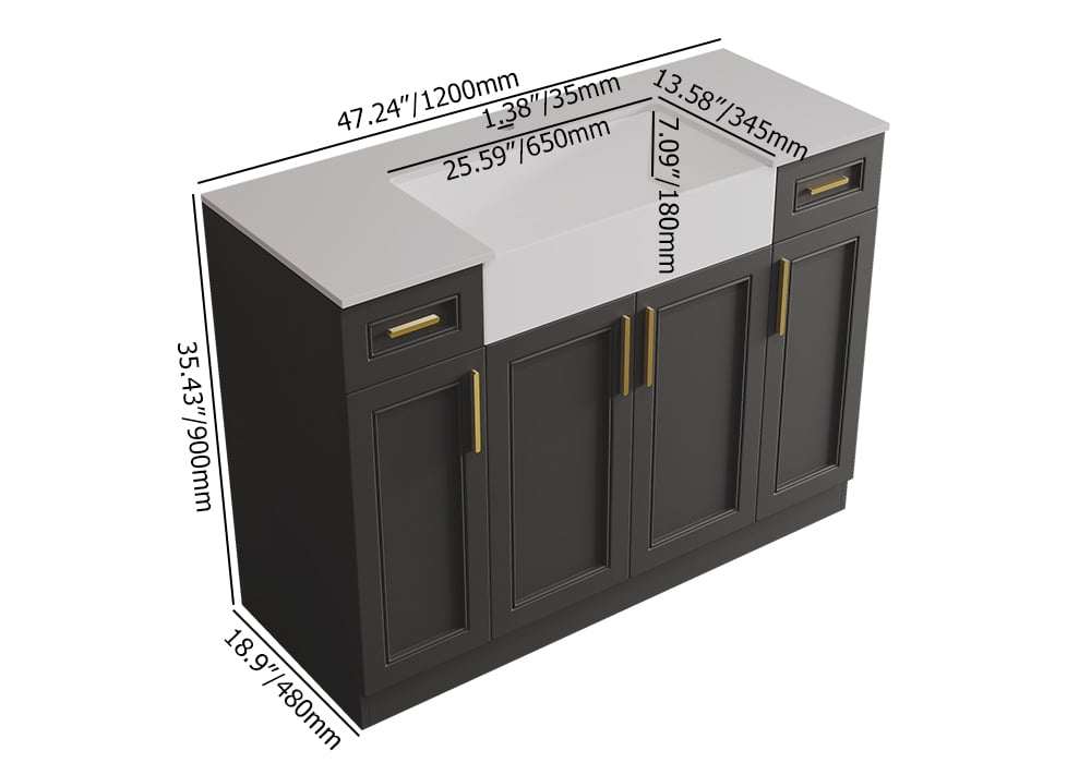 HMR - 48" Black Freestanding Single Farmhouse Sink Bathroom Vanity with Ceramic Top
