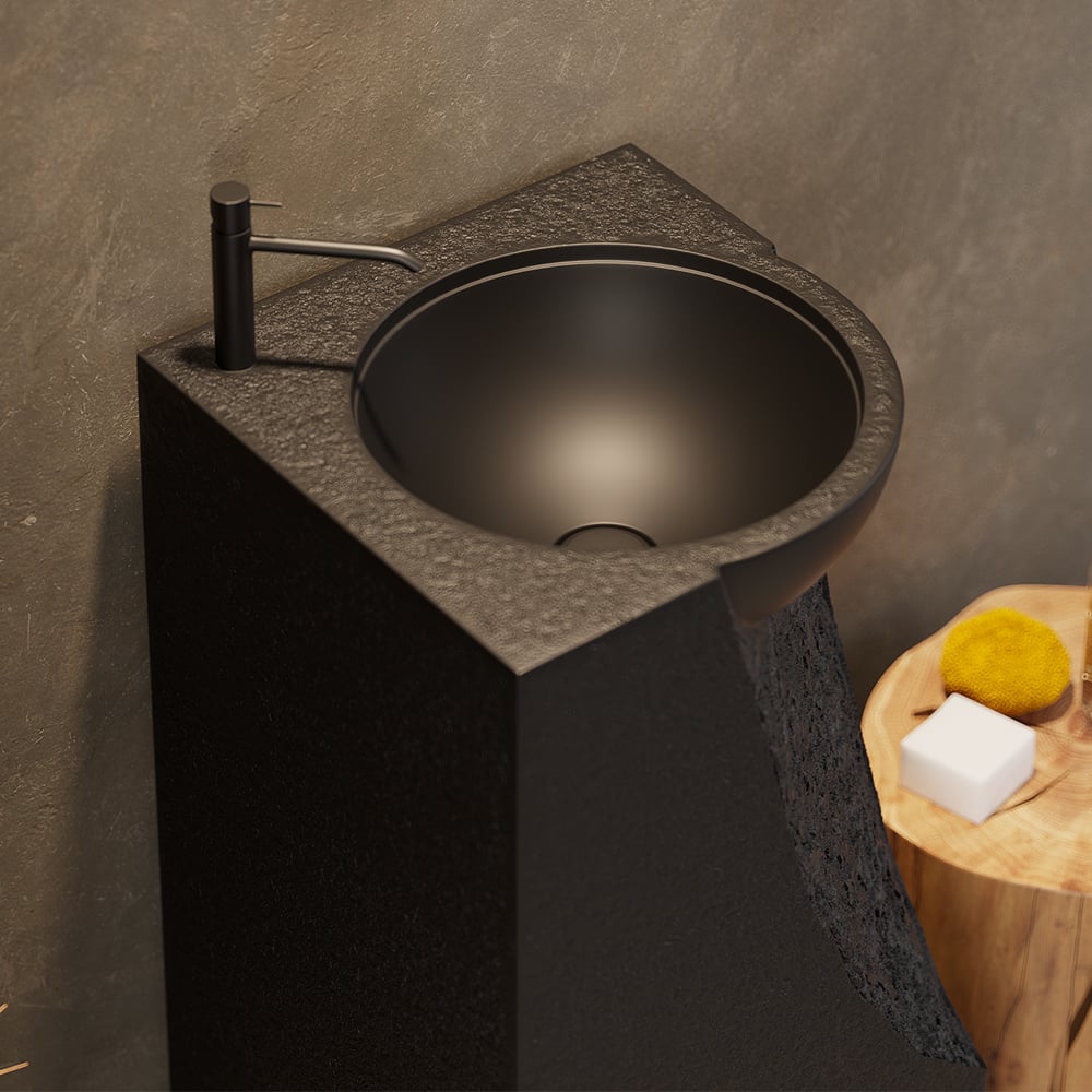 HMR 34" Tall Japandi Stone Resin Pedestal Bathroom Sink Farmhouse Freestanding Sink - Black